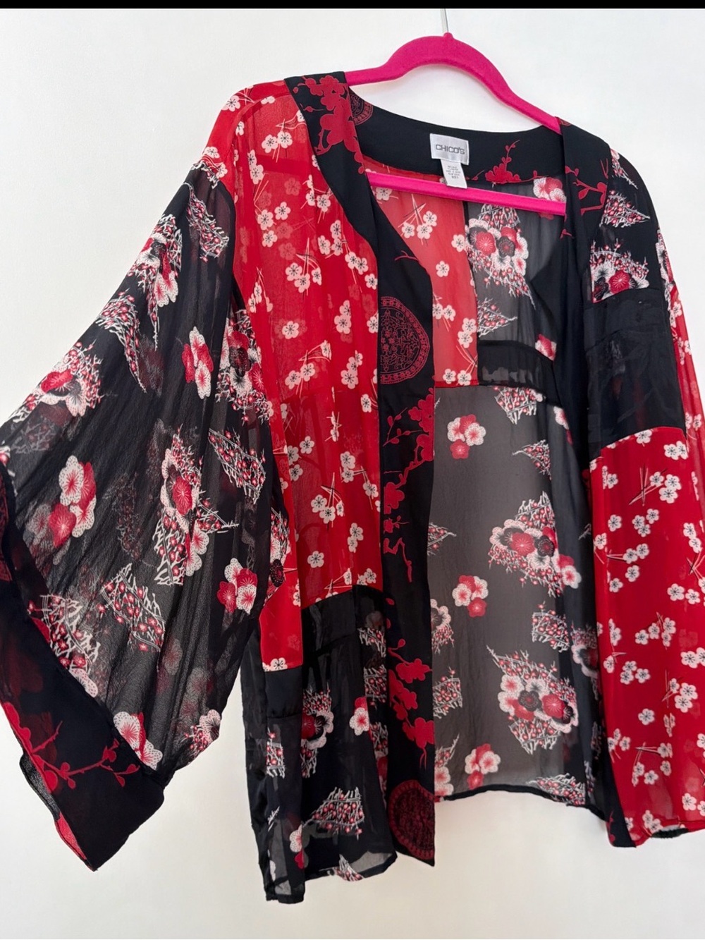 Chico’s Silk Blend Sakura Patchwork Kimono Cardigan Red Black Size 3 (XL) - Picture 2 of 5